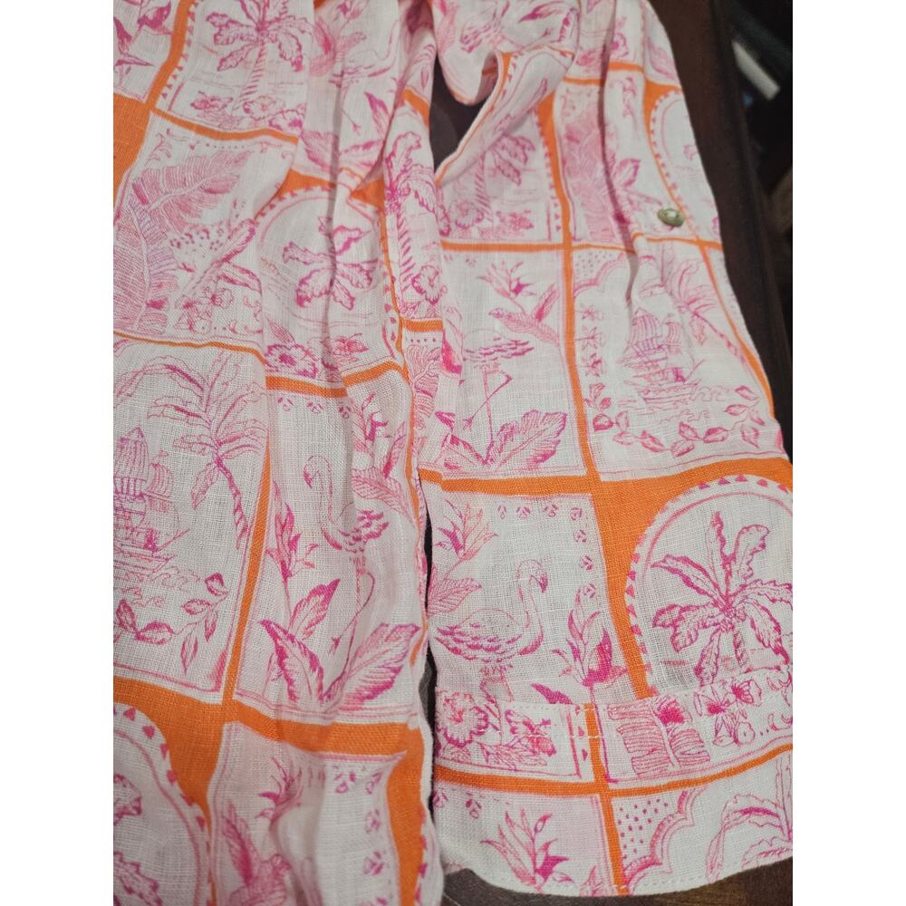 C&C California 100% Linen Shirt M Flamingo Palm Tree MOP Buttons Tropical - Picture 4 of 7